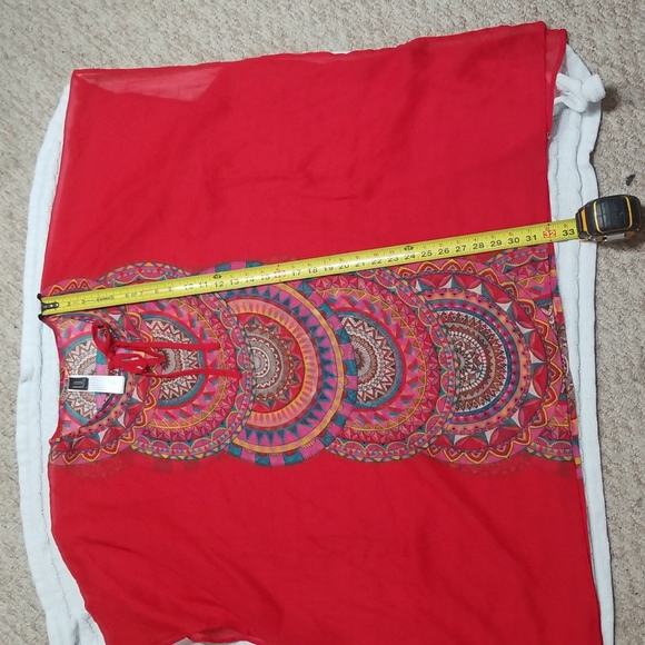 🔥Forever21 Red Sheer Boho Aztec Printed Beach Cover Up S/M - Picture 6 of 8